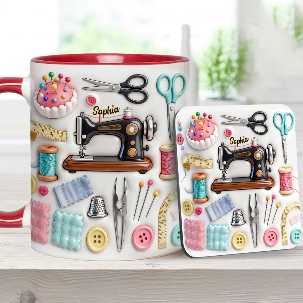 Nähbegeisterung – Personalisierte Tasse und Untersetzer mit Nähmotiv