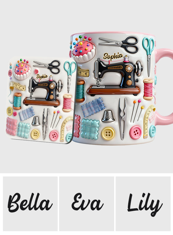 Nähbegeisterung – Personalisierte Tasse und Untersetzer mit Nähmotiv