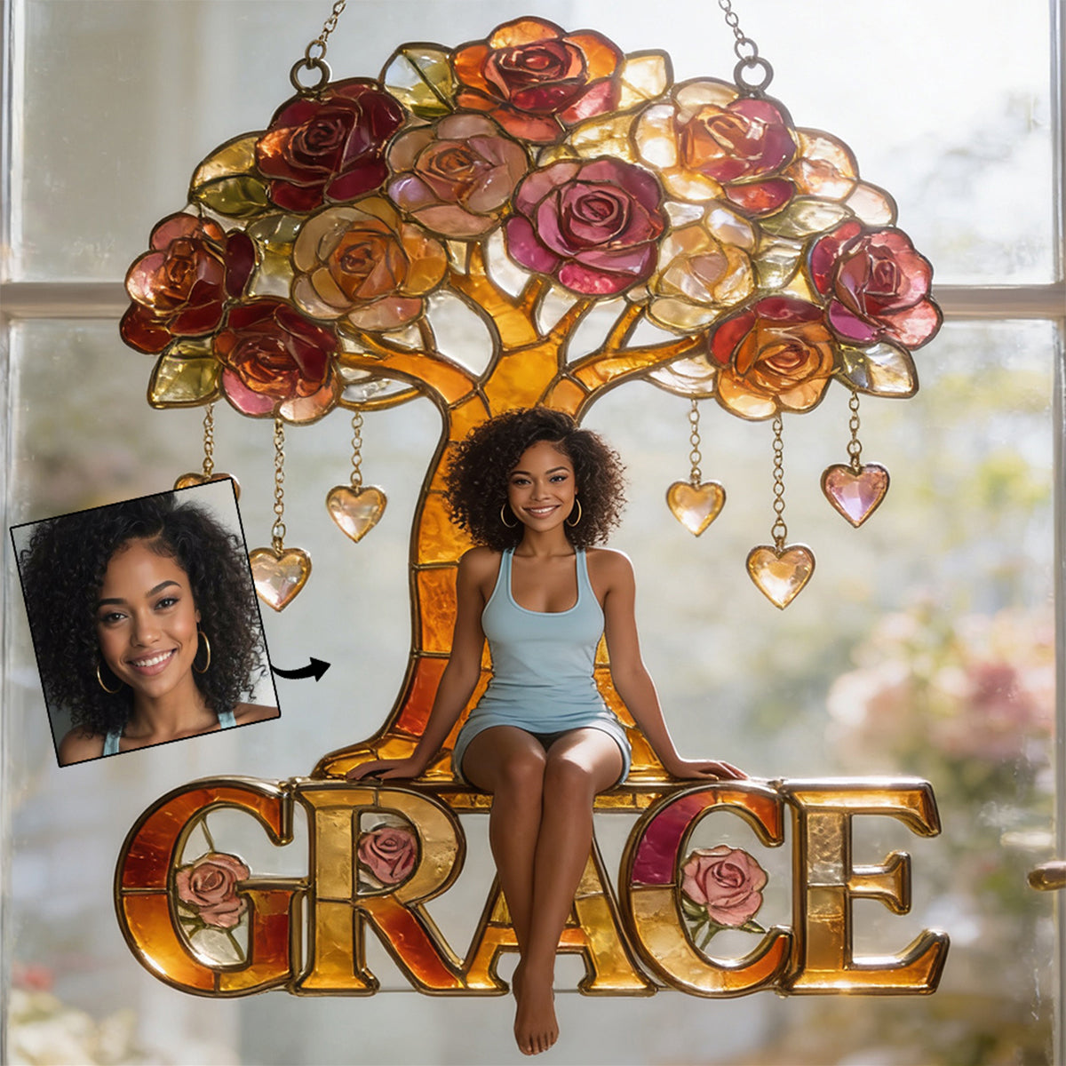 Geburtsmonatsblume mit Foto – Personalisierter Fensterhänger mit Selbstliebe-Sonnenfänger 