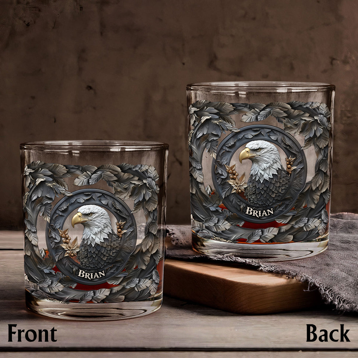 Strong Eagle – Personalisierte Whiskyflasche und Glas mit Weißkopfseeadler-Motiv