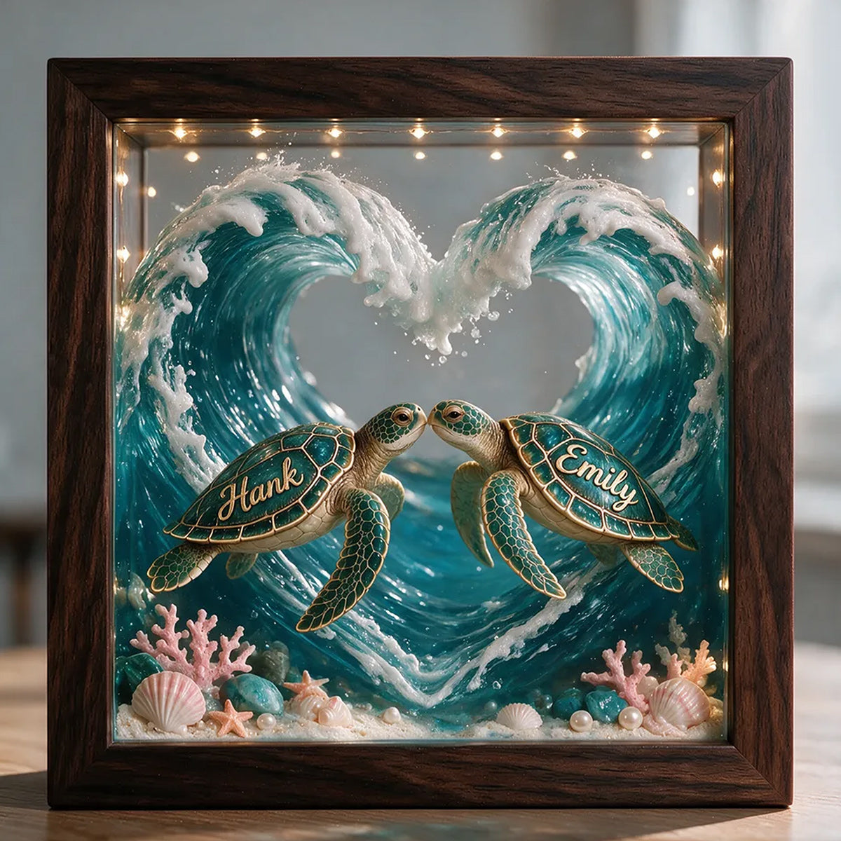 Beautiful Turtle Couple - Personalized Turtle Wooden Frame LED Light