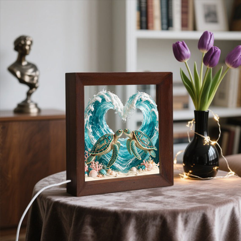 Beautiful Turtle Couple - Personalized Turtle Wooden Frame LED Light