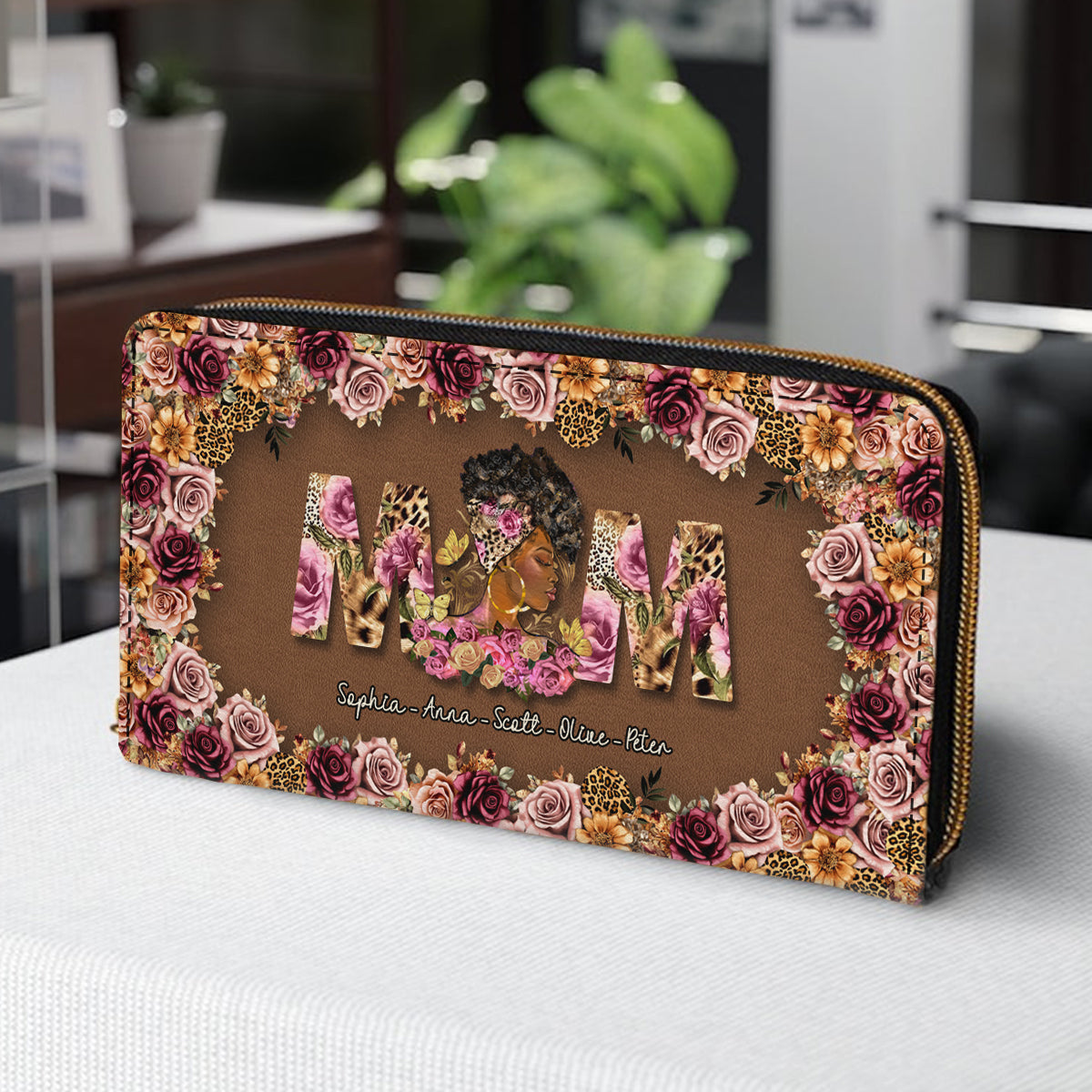 Leopard Afro Mom Grandma - Personalisierte lange Geldbörse aus Leder für Mütter