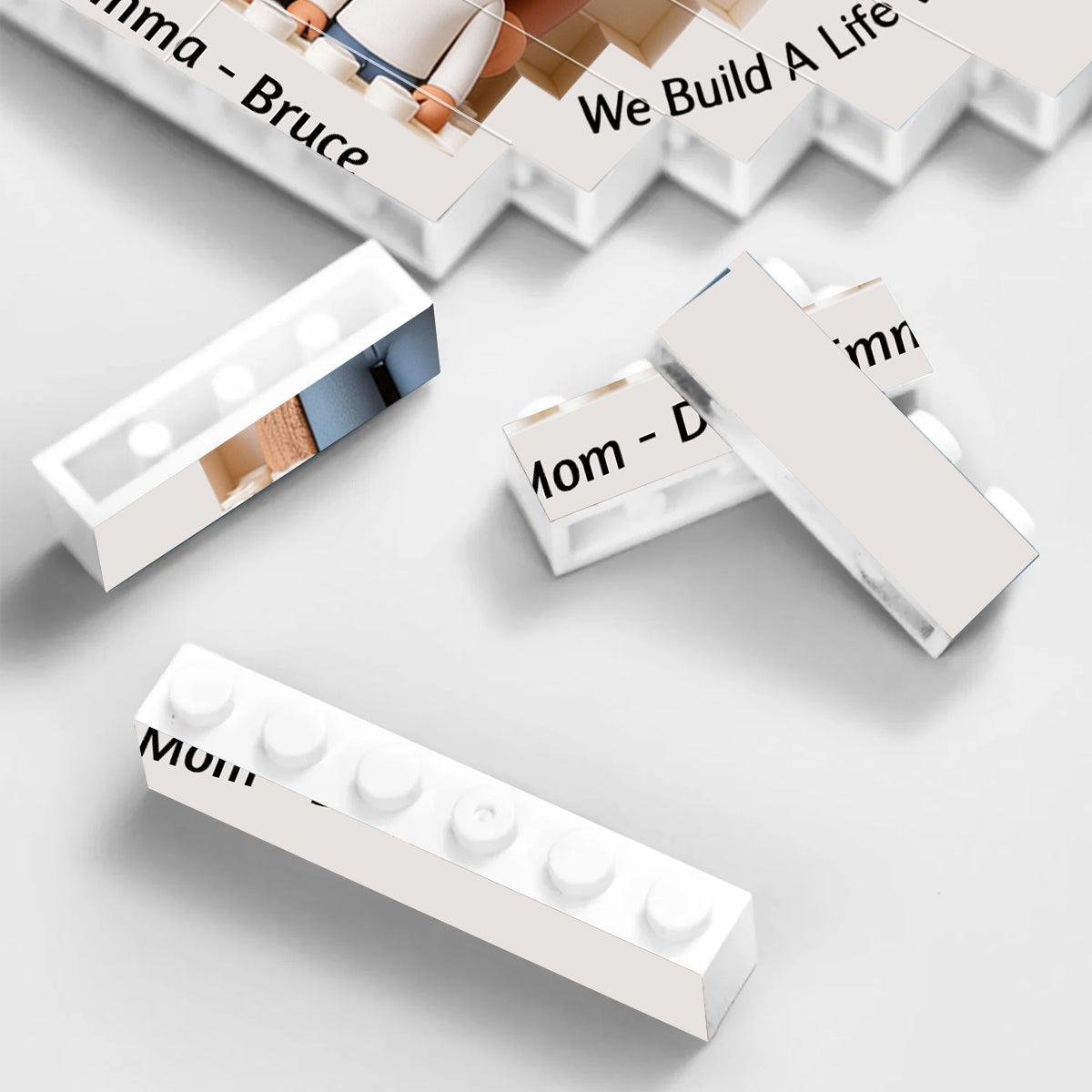 Gemeinsam bauen wir ein Leben, das wir lieben – personalisierte Familienherz-Bausteine, beidseitig bedruckt