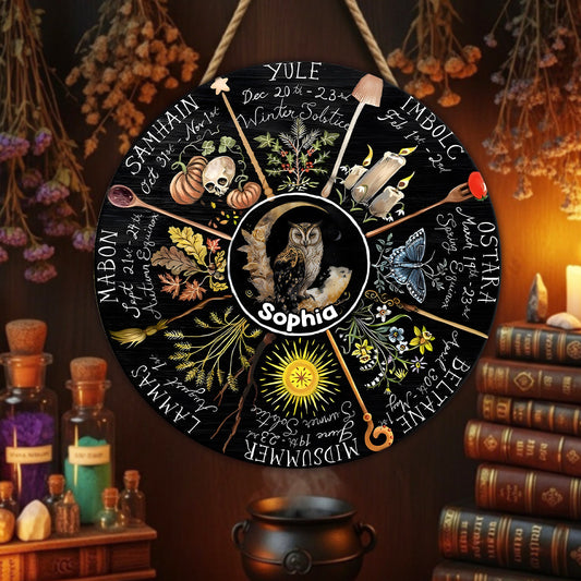 Wheel Of The Year - Personalized Witch Round Wood Sign