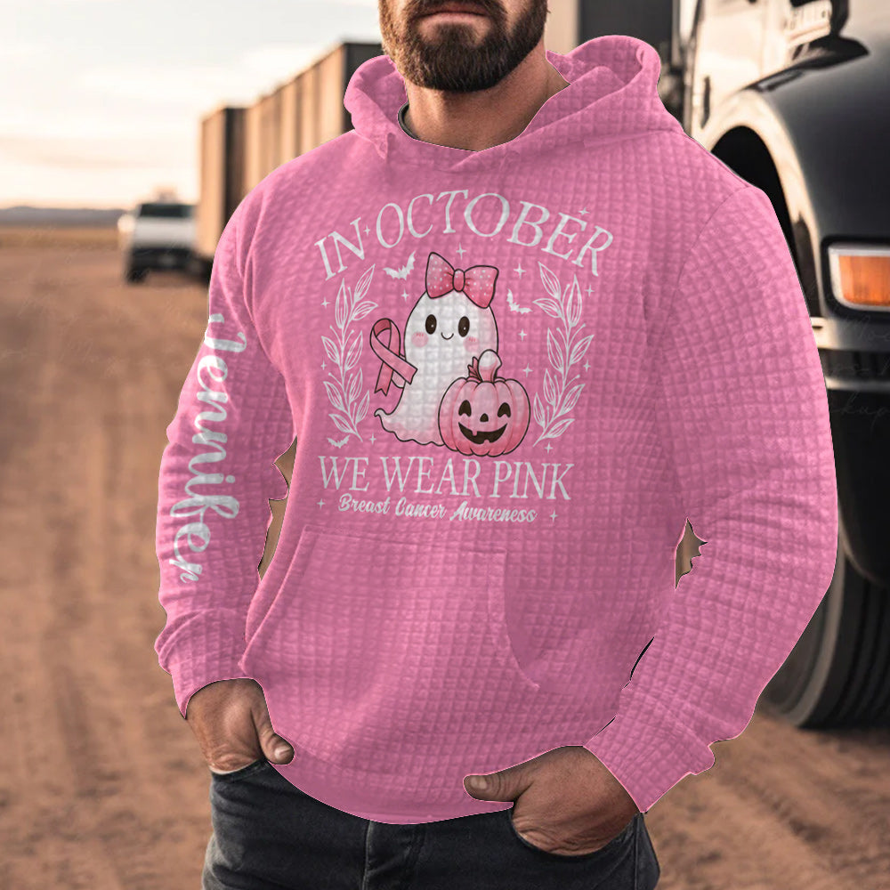 Im Oktober tragen wir Pink – Niedlicher Geist – Personalisierter Waffel-Hoodie zur Brustkrebsvorsorge