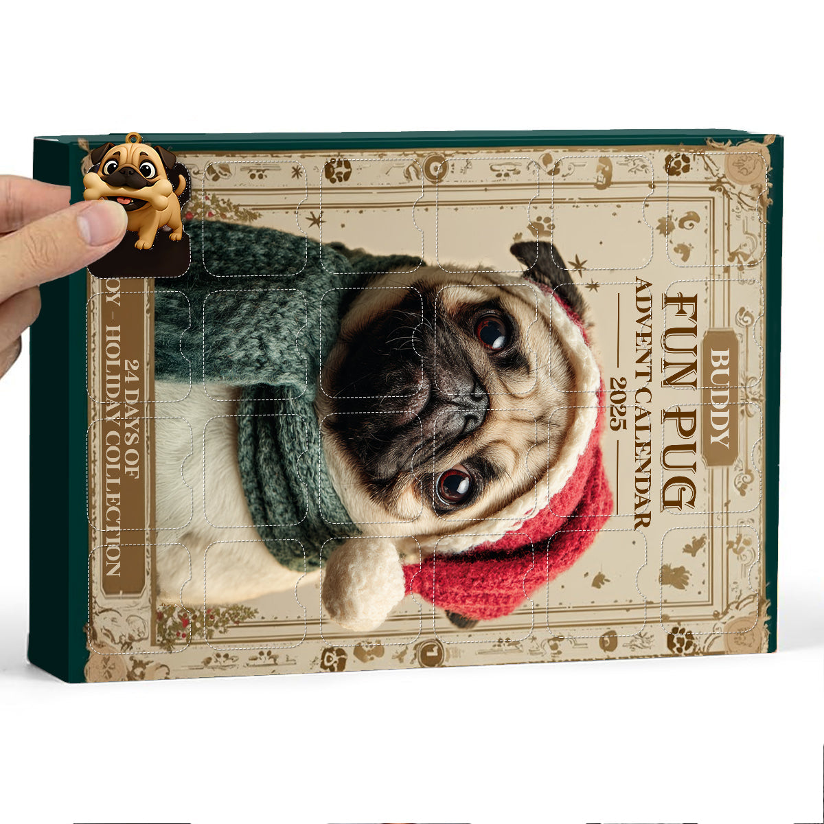 Weihnachtlicher Spaß mit Mops – Personalisierter Hunde-Adventskalender mit Ornamenten