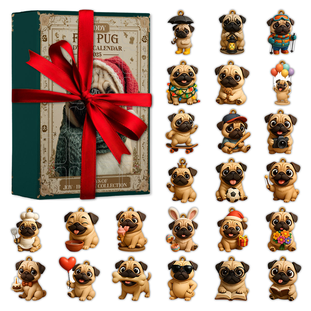 Weihnachtlicher Spaß mit Mops – Personalisierter Hunde-Adventskalender mit Ornamenten