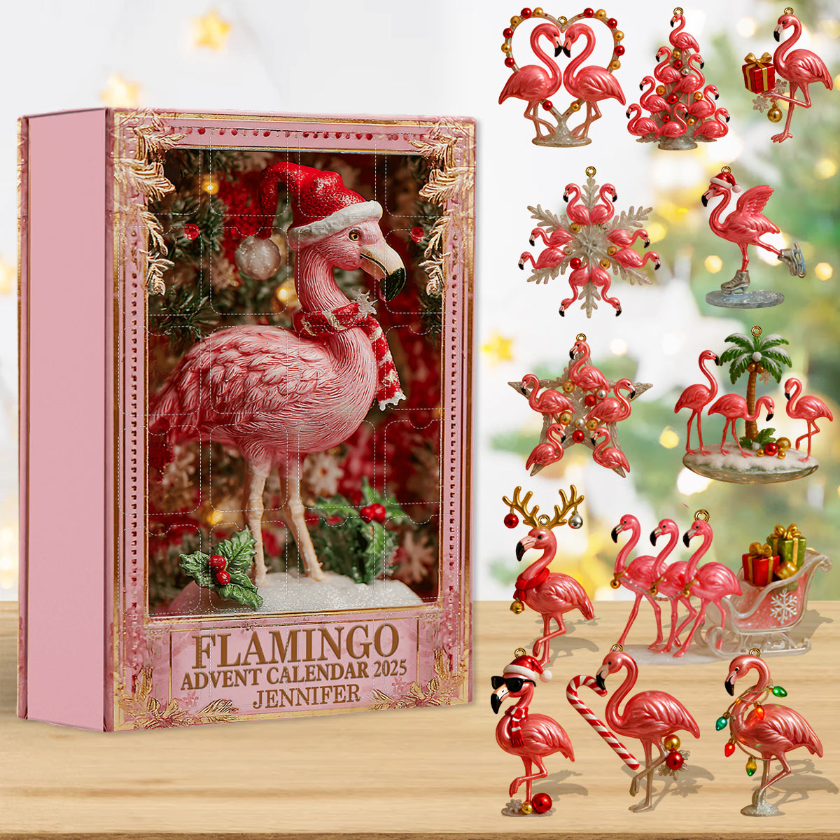 Weihnachtsflamingo – Personalisierter Flamingo-Adventskalender mit Ornamenten