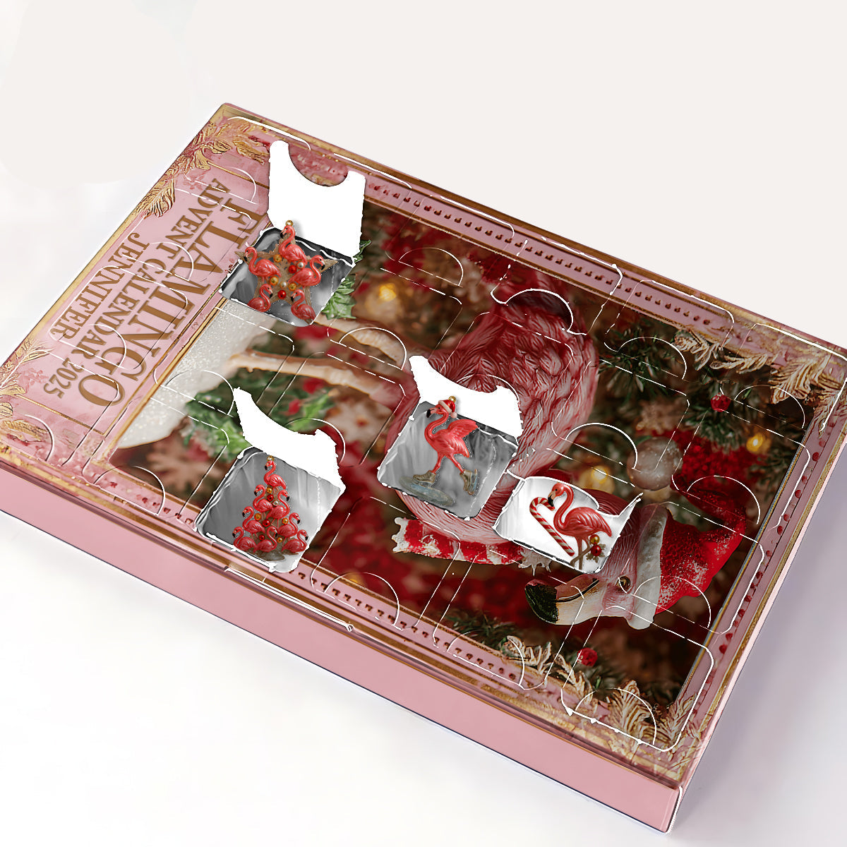 Weihnachtsflamingo – Personalisierter Flamingo-Adventskalender mit Ornamenten