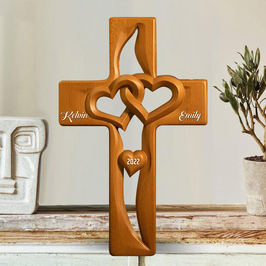 Intertwined Heart Wooden Cross, Specially Designed for Lovers - Personalized Couple Custom Shaped Wood Plaque