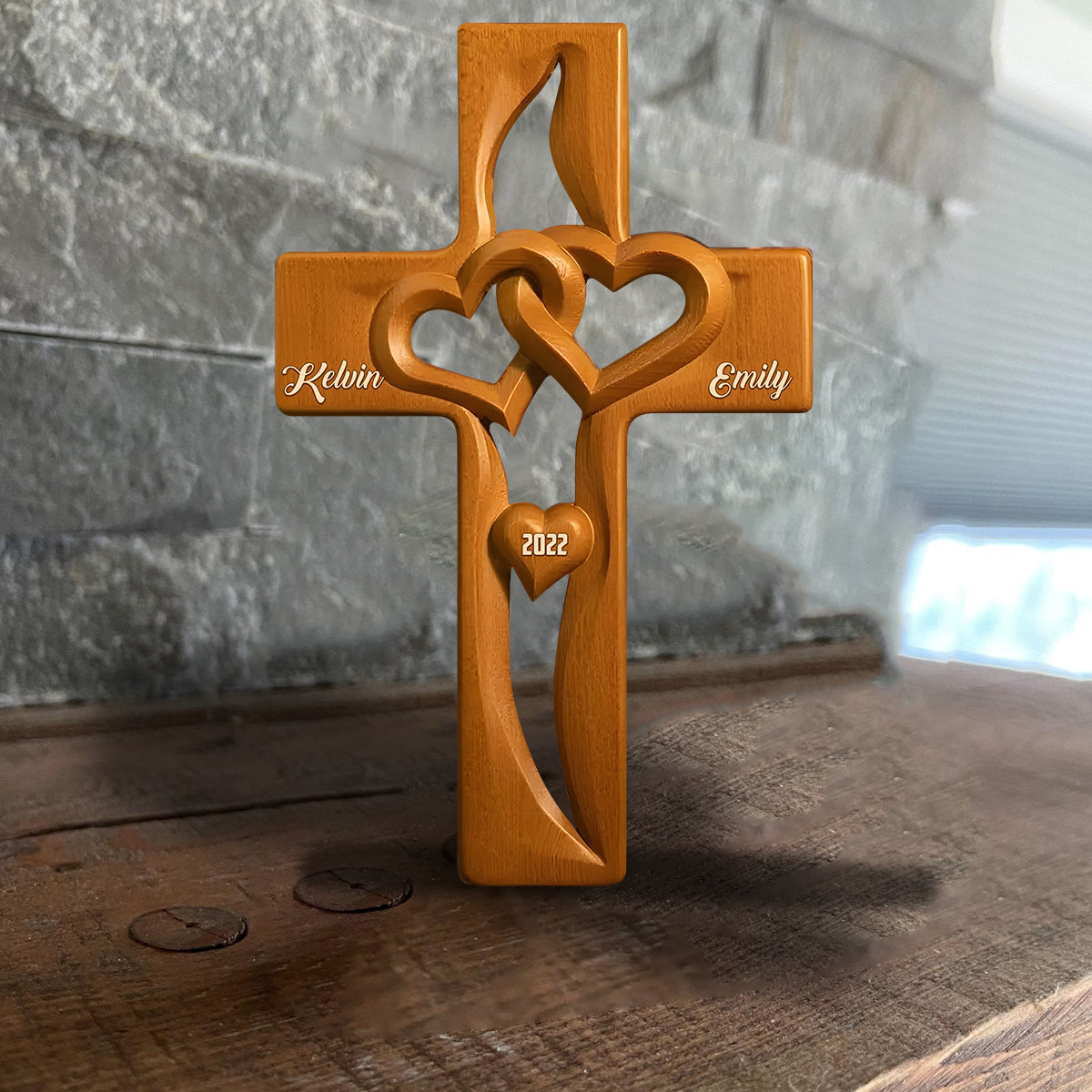 Intertwined Heart Wooden Cross, Specially Designed for Lovers - Personalized Couple Custom Shaped Wood Plaque
