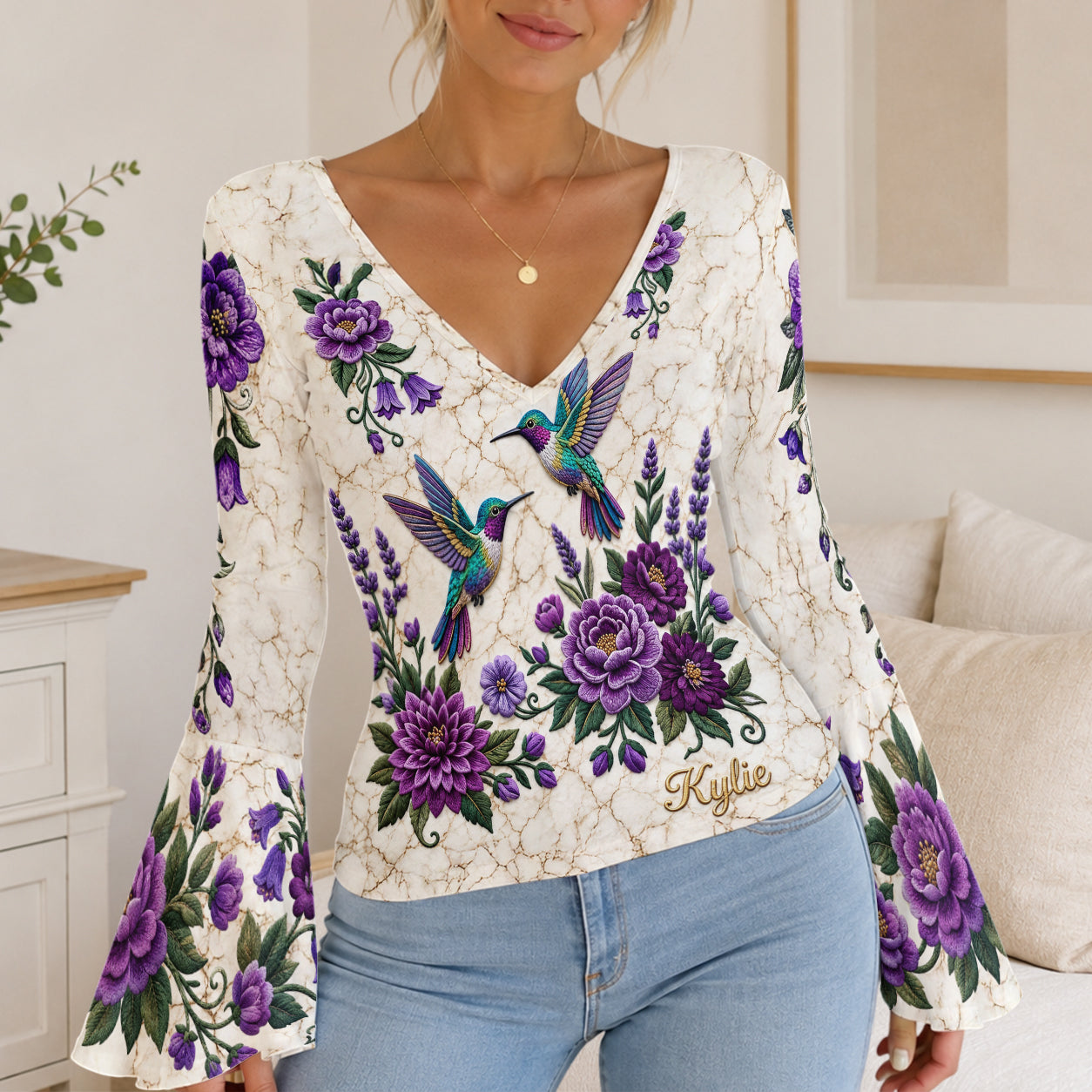 Elegant Hummingbird - Personalized Hummingbird Flare Long-Sleeve Shirt