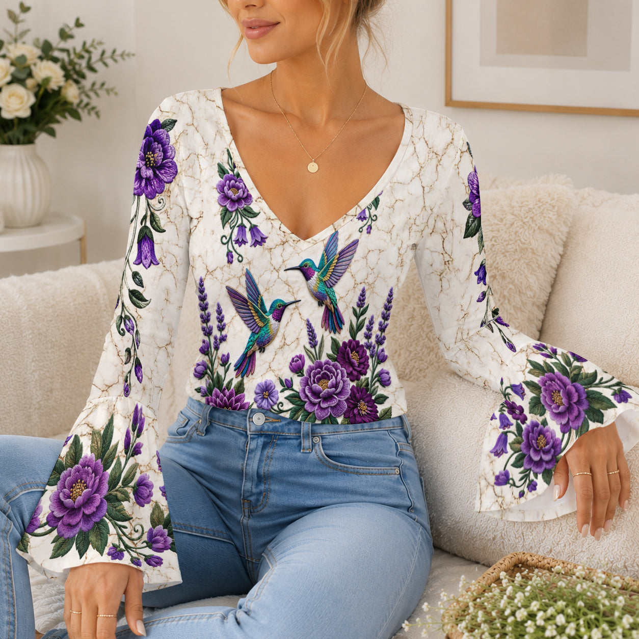 Elegant Hummingbird - Personalized Hummingbird Flare Long-Sleeve Shirt
