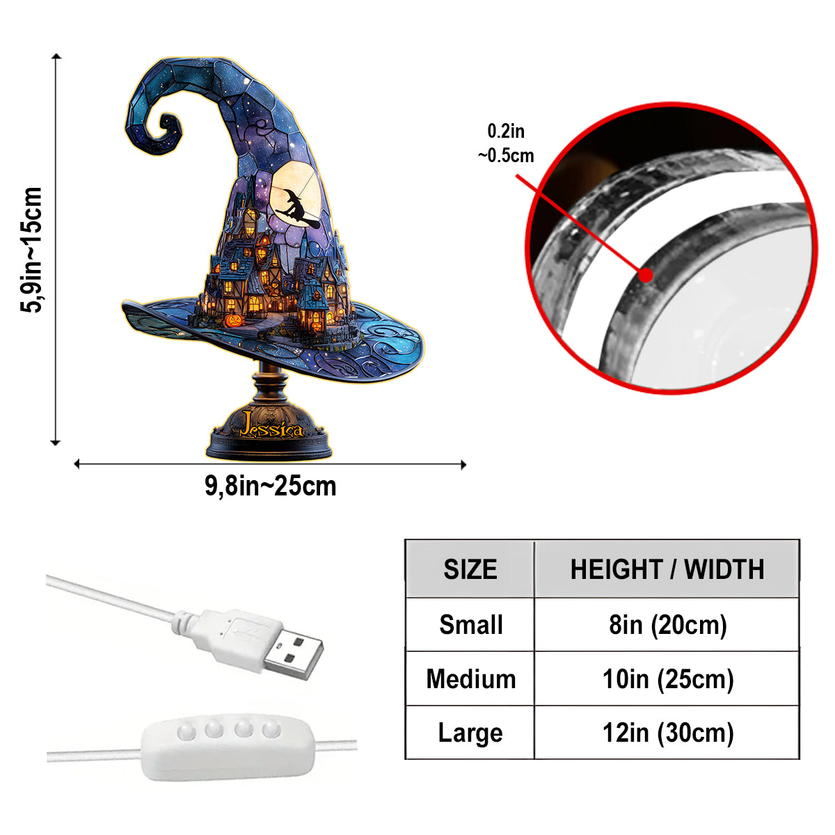 Zauberhut – Personalisierte Hexen-LED-Nachtleuchte aus Acryl