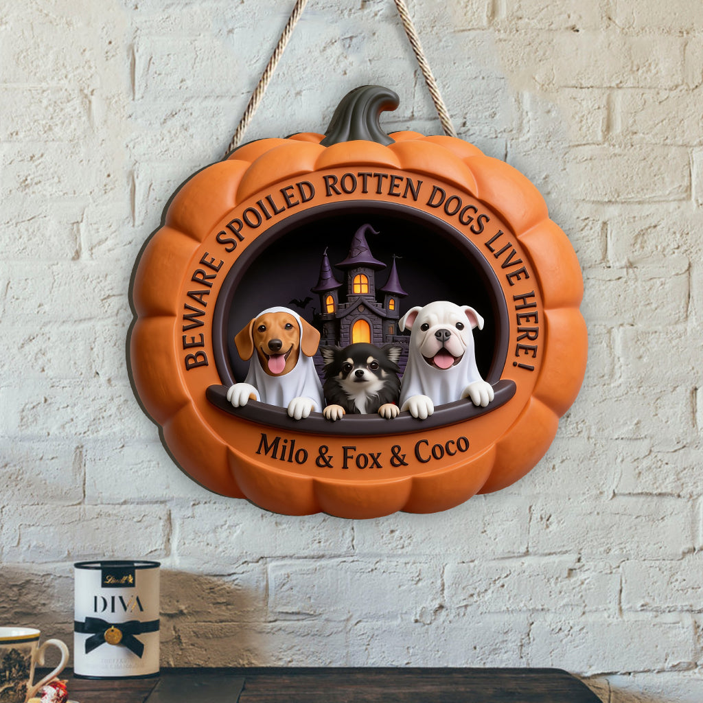 Dogs in Halloween Costumes Pumpkin - Personalized Dog Custom Shaped Wood Sign