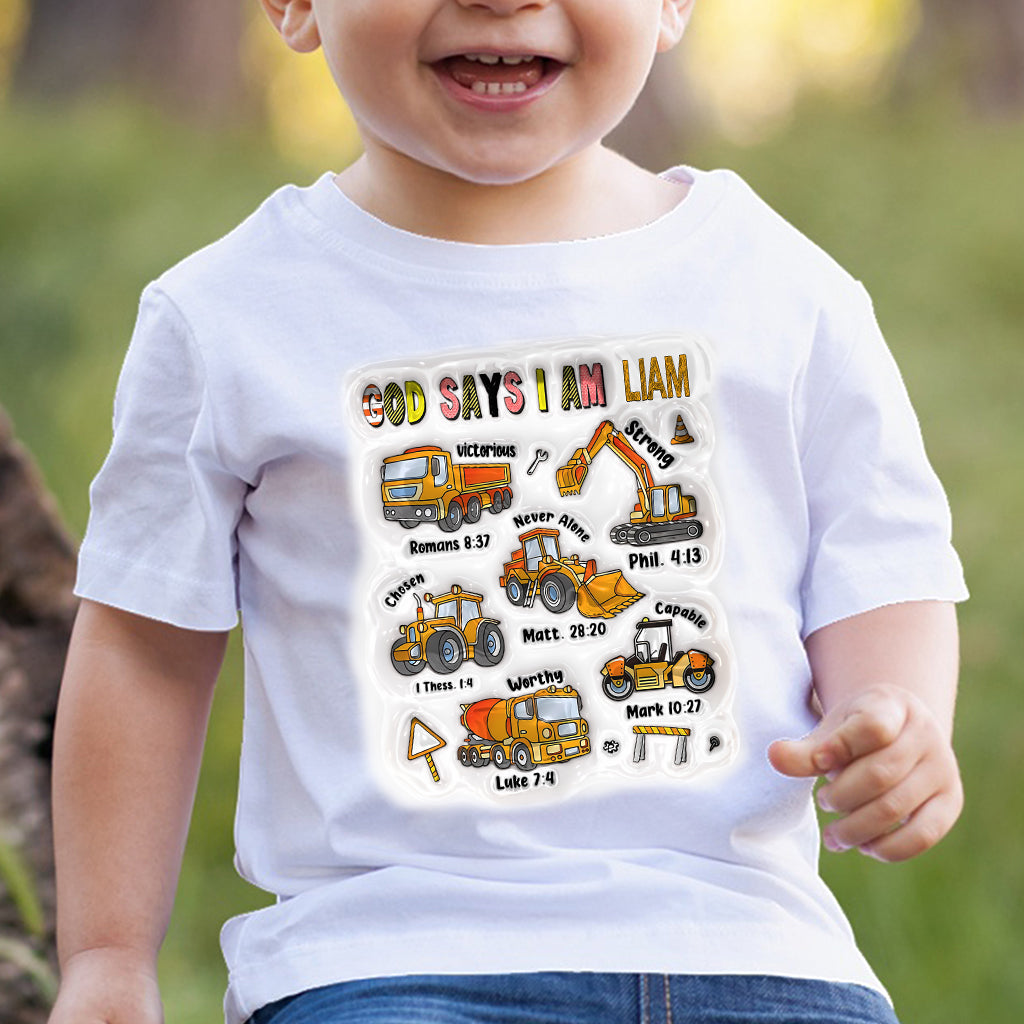 Gott sagt: Ich bin es! Und ein Baustellenfahrzeug – personalisiertes Kinder-T-Shirt und Hoodie