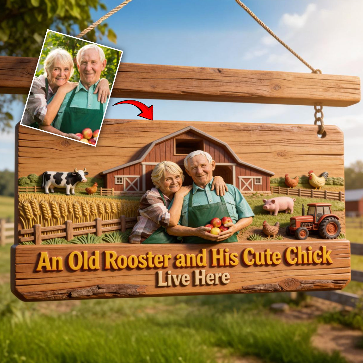 Farmer Couple, An Old Rooster And His Cute Chick Live Here - Personalized Farmer Custom Shaped Wood Sign