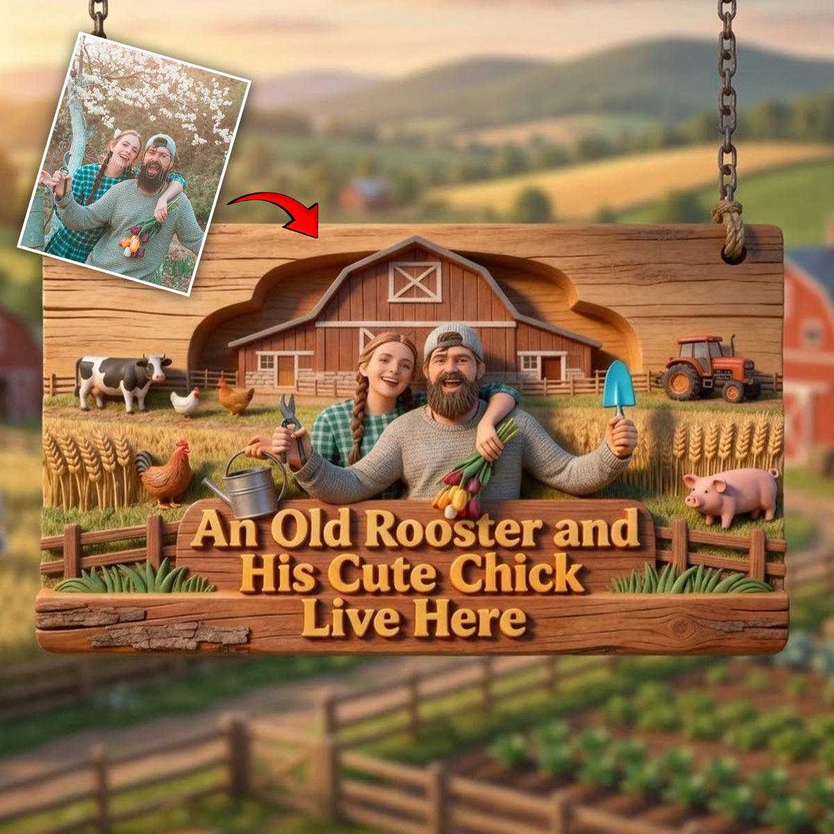 Farmer Couple, An Old Rooster And His Cute Chick Live Here - Personalized Farmer Custom Shaped Wood Sign