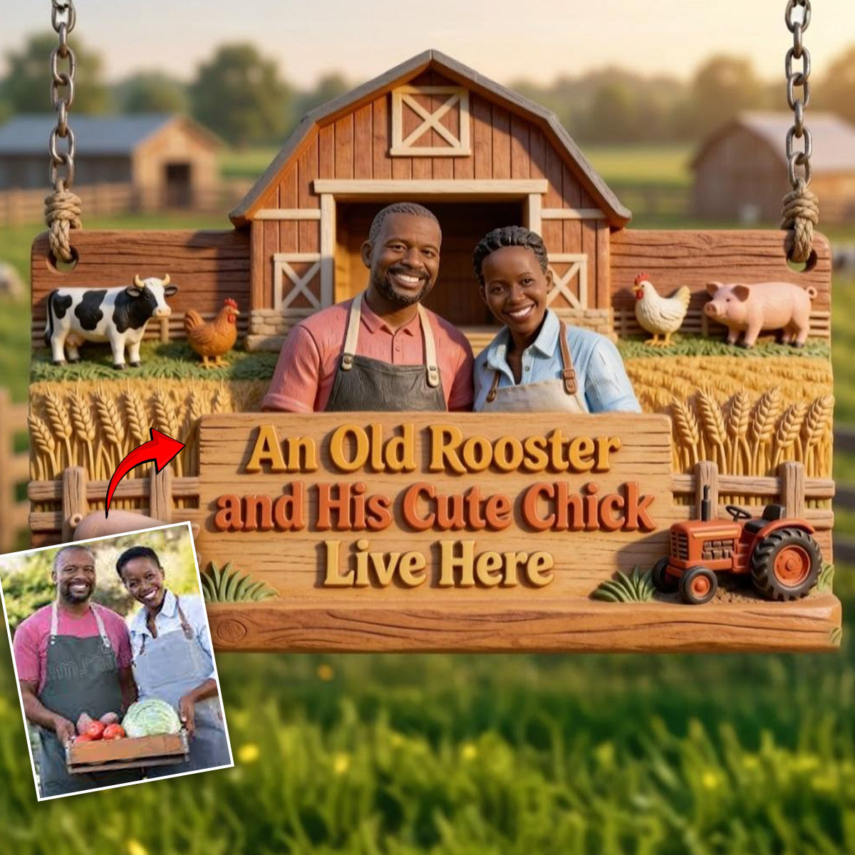 Farmer Couple, An Old Rooster And His Cute Chick Live Here - Personalized Farmer Custom Shaped Wood Sign