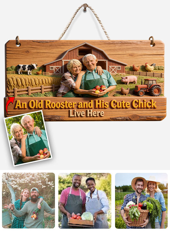 Farmer Couple, An Old Rooster And His Cute Chick Live Here - Personalized Farmer Custom Shaped Wood Sign