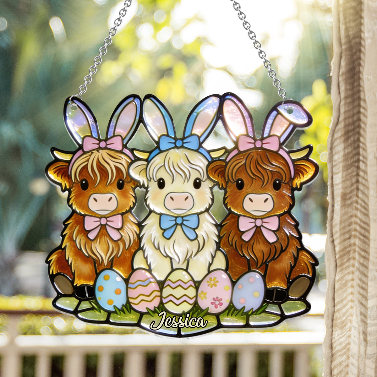 Easter Day Highland Cow - Personalized Highland Cow Window Hanging Suncatcher Ornament