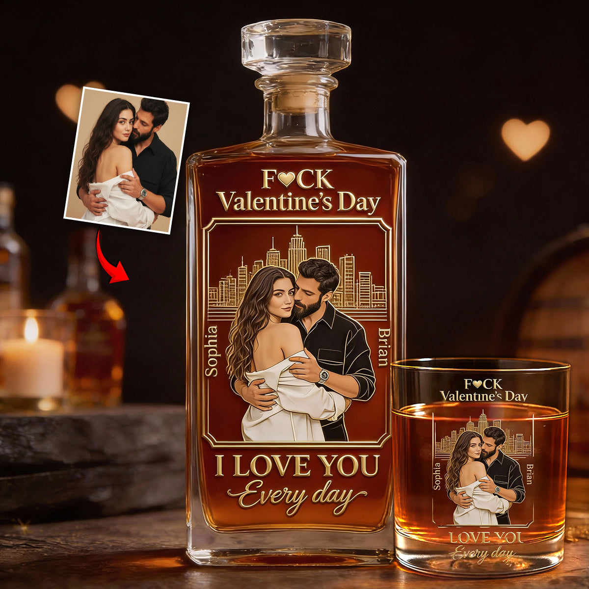 Ich liebe dich jeden Tag – Personalisiertes Whisky-Dekanter-Set für Paare