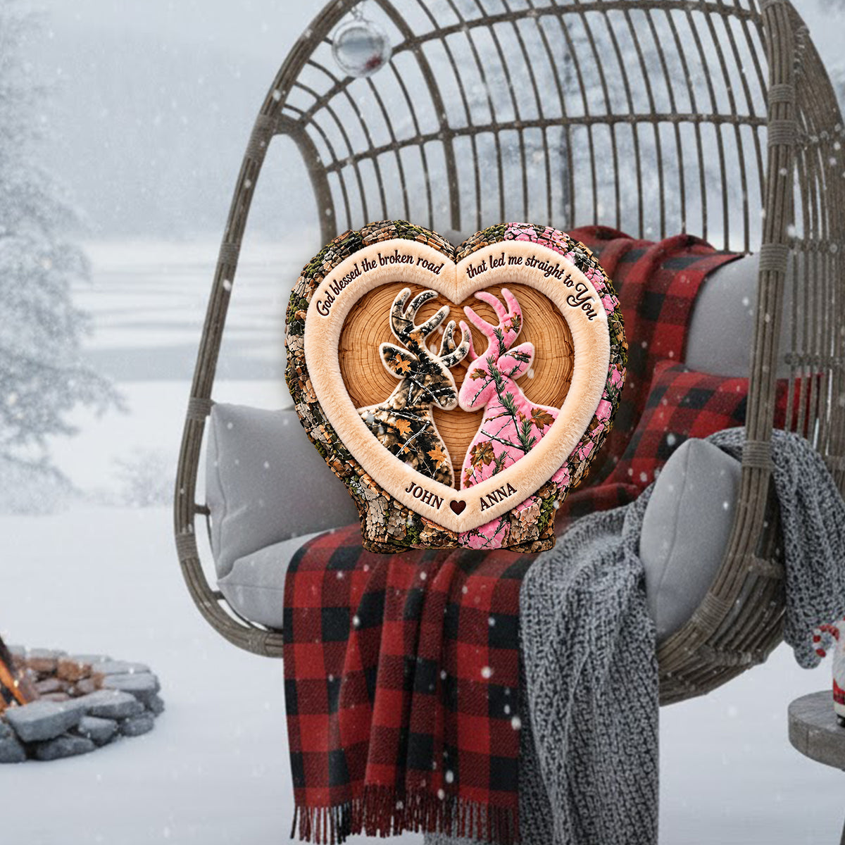 Camo Deer Couple Heart - Personalized Hunting Premium Faux Fur Pillow