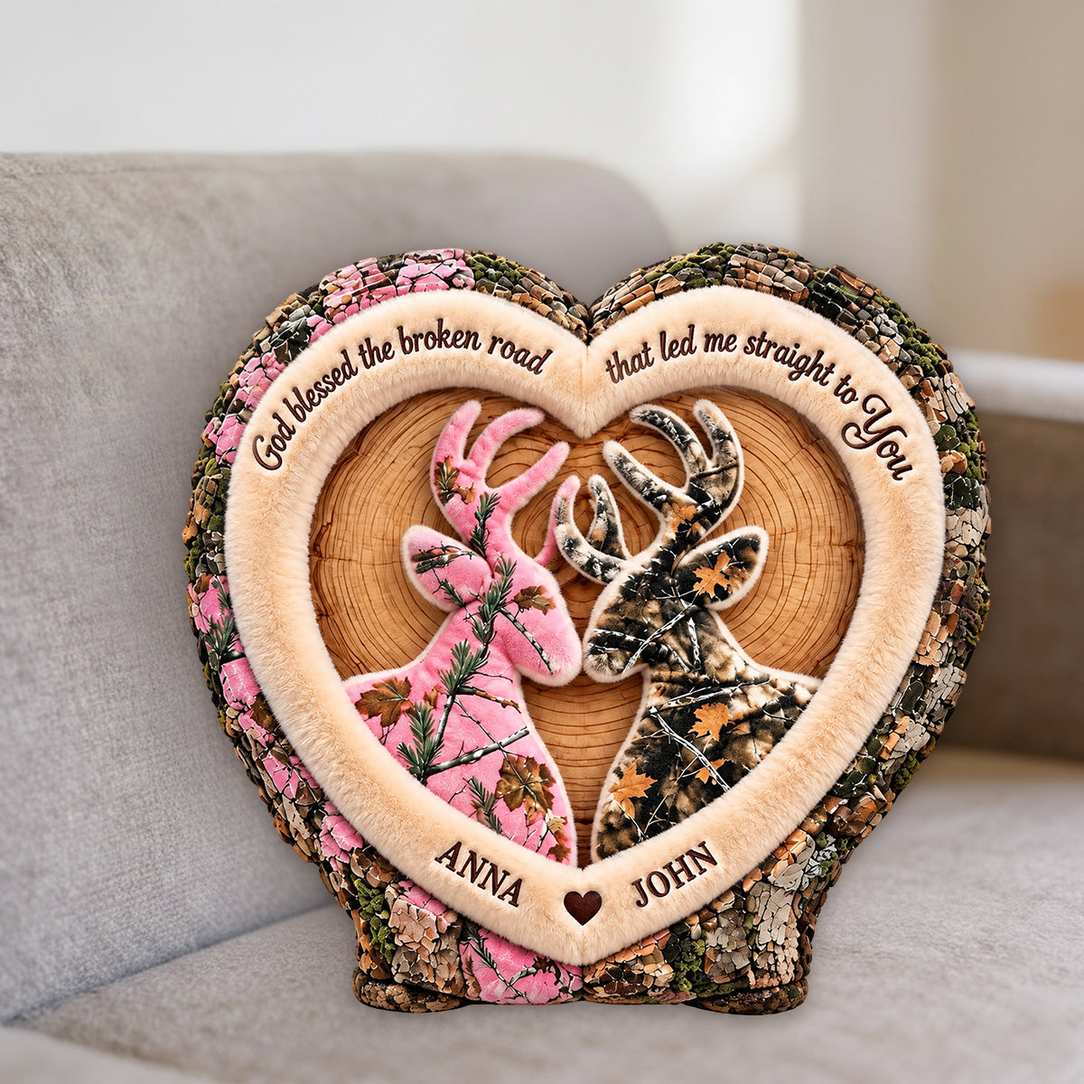 Camo Deer Couple Heart - Personalized Hunting Premium Faux Fur Pillow