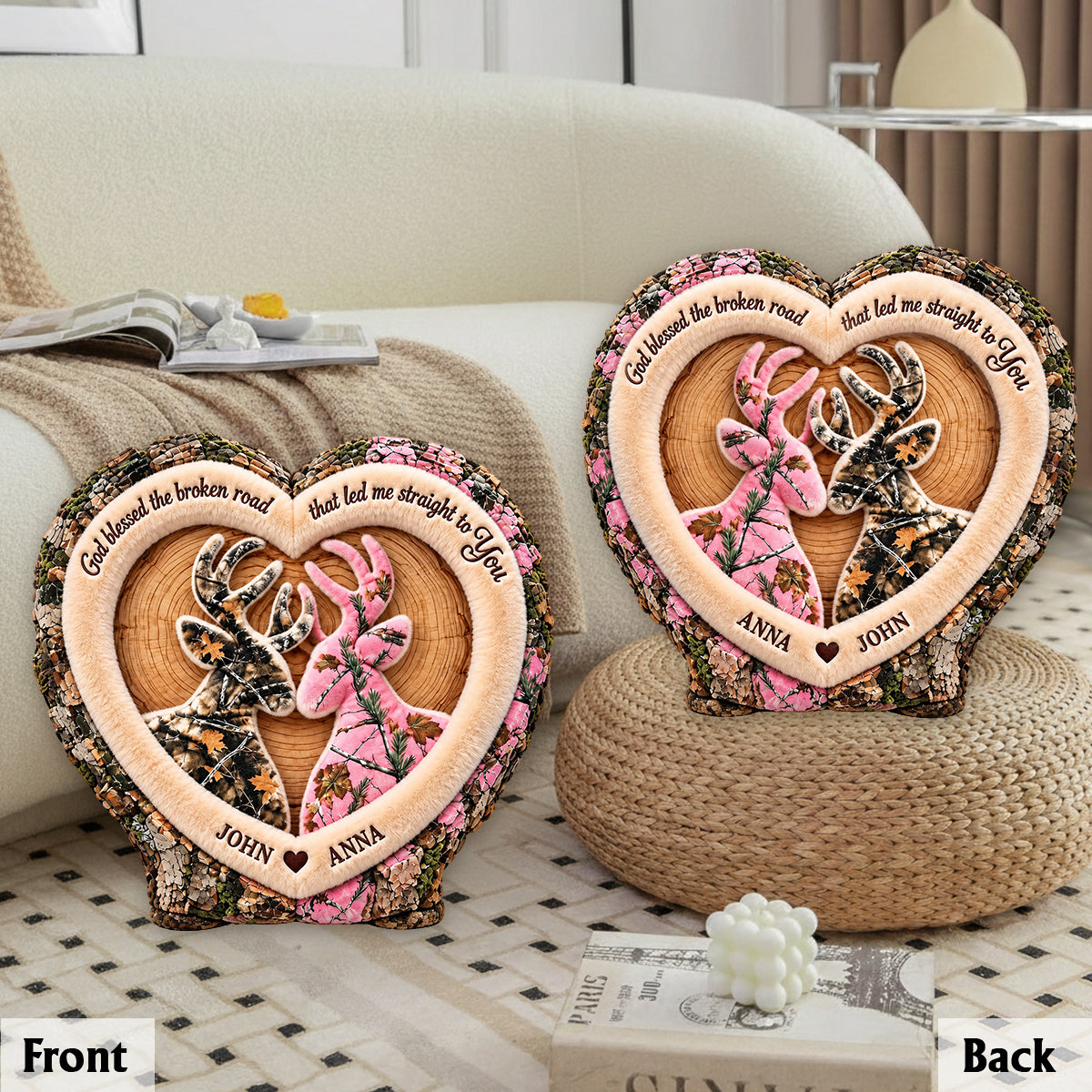 Camo Deer Couple Heart - Personalized Hunting Premium Faux Fur Pillow