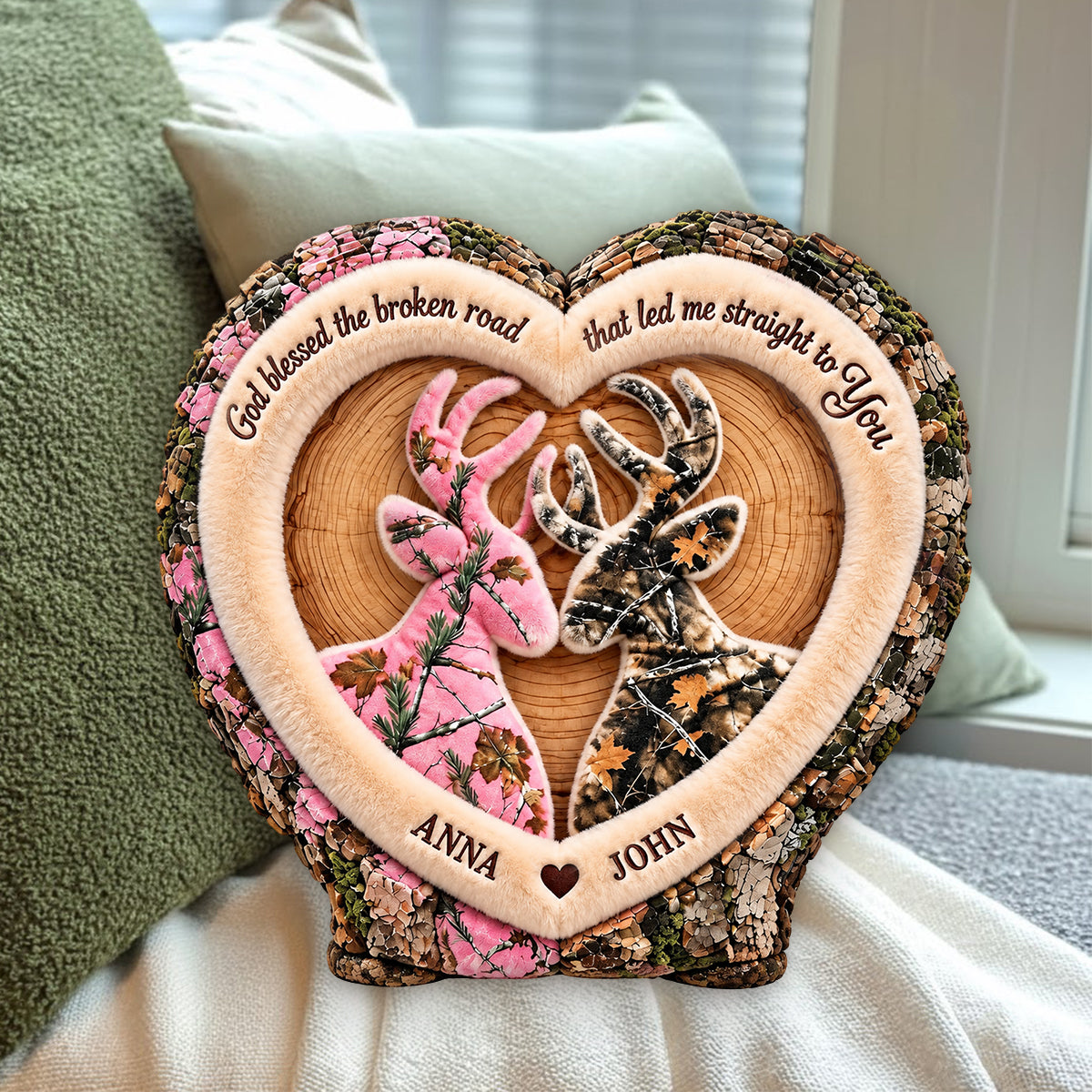 Camo Deer Couple Heart - Personalized Hunting Premium Faux Fur Pillow