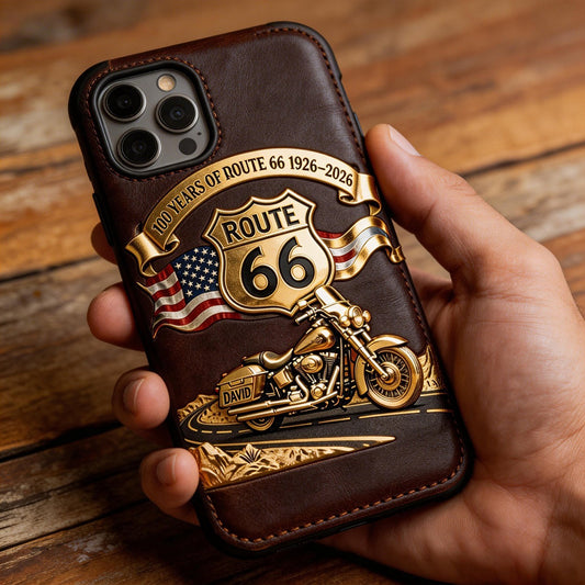 100 Years Of Route Personalized Gifts For Bikers - Personalized Biker 3D Embossed Leather Phone Case