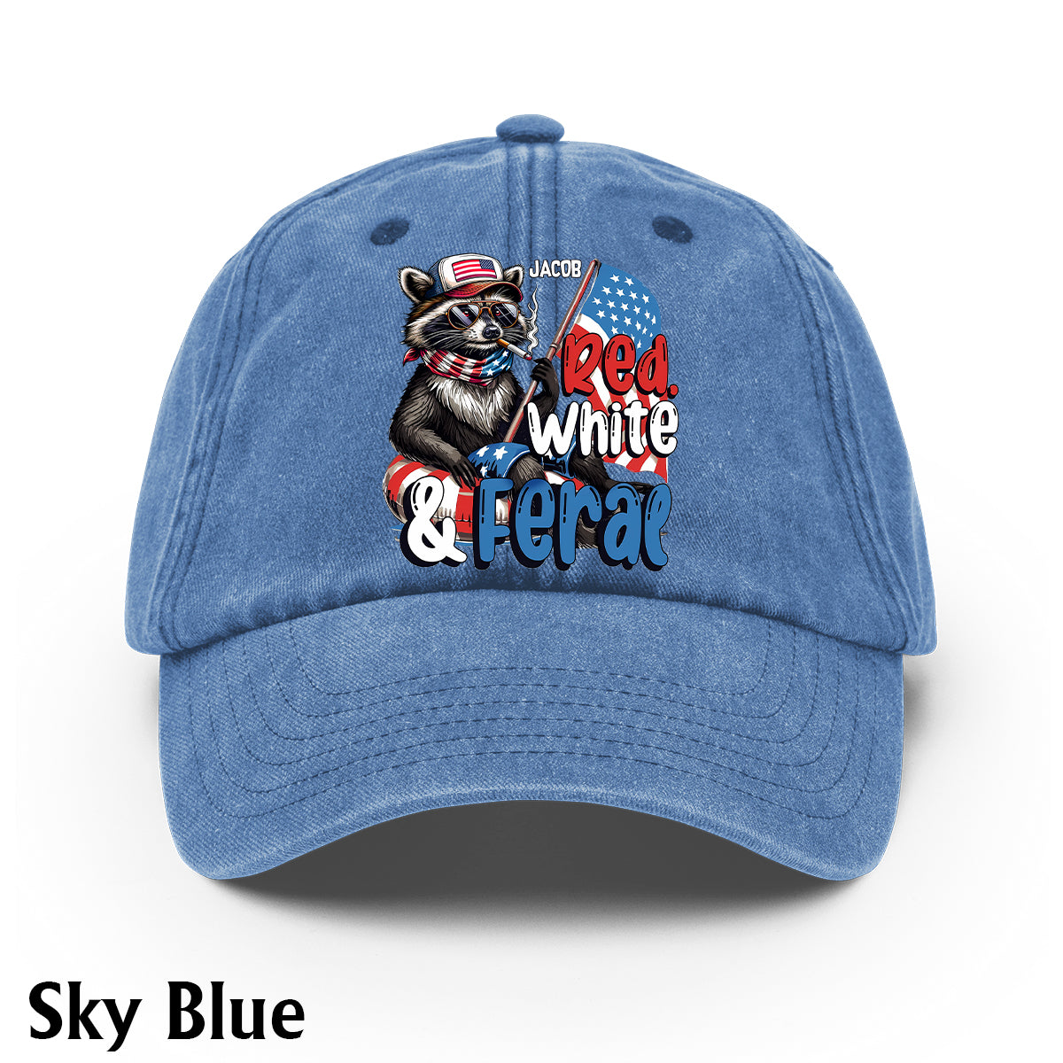 Red, White & Feral Racoon - Personalized Independence Day/ 4th of July Washed Denim Cap