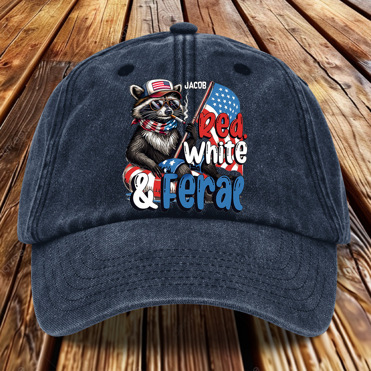 Red, White & Feral Racoon - Personalized Independence Day/ 4th of July Washed Denim Cap
