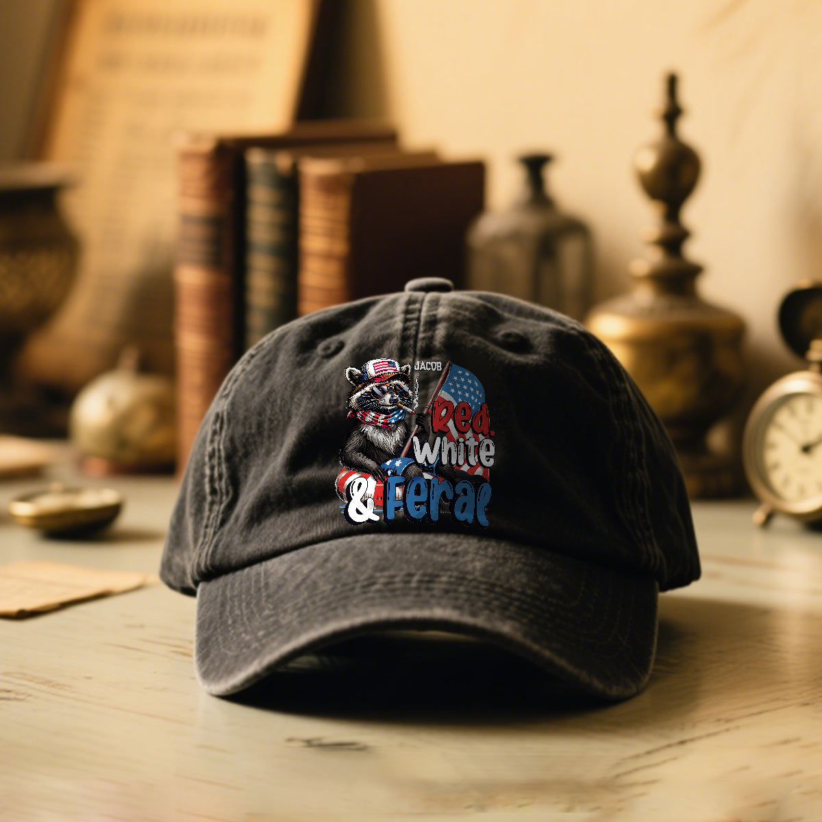 Red, White & Feral Racoon - Personalized Independence Day/ 4th of July Washed Denim Cap