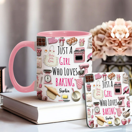 Einfach ein Mädchen, das Backen liebt – personalisierte Tasse mit Backmotiv