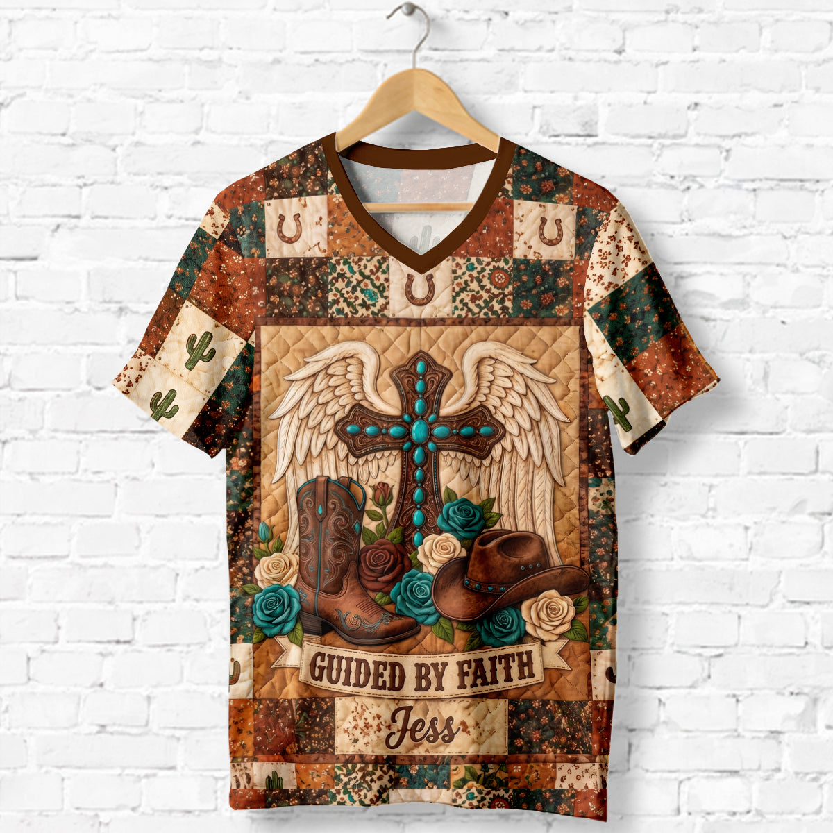 Guided By Faith - Personalized Cowgirl Fully Printed V-Neck T-Shirt