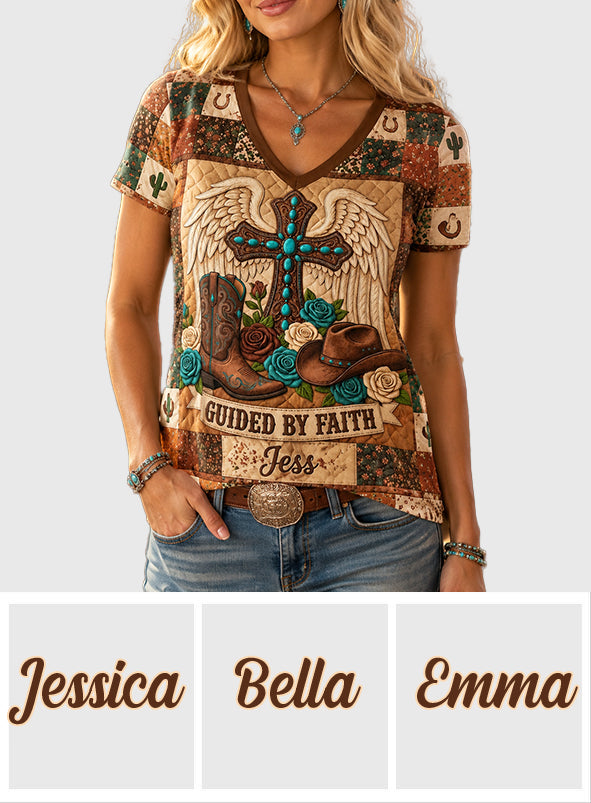 Guided By Faith - Personalized Cowgirl Fully Printed V-Neck T-Shirt