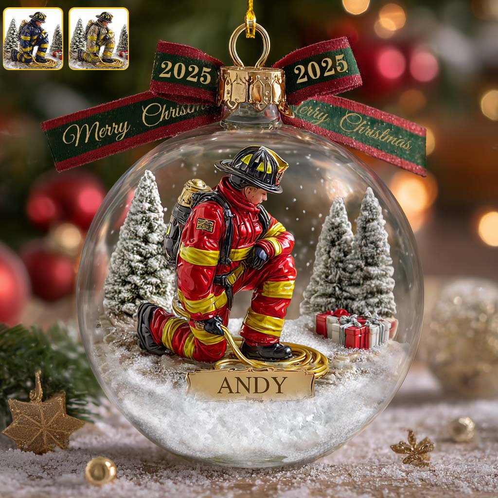 Proud Firefighter - Personalized Firefighter Snow Globe Ornament With Bow