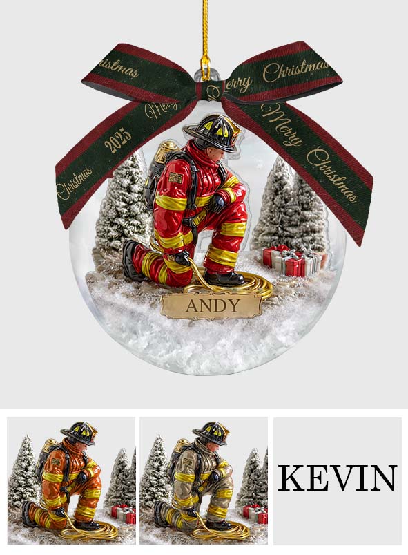 Proud Firefighter - Personalized Firefighter Snow Globe Ornament With Bow