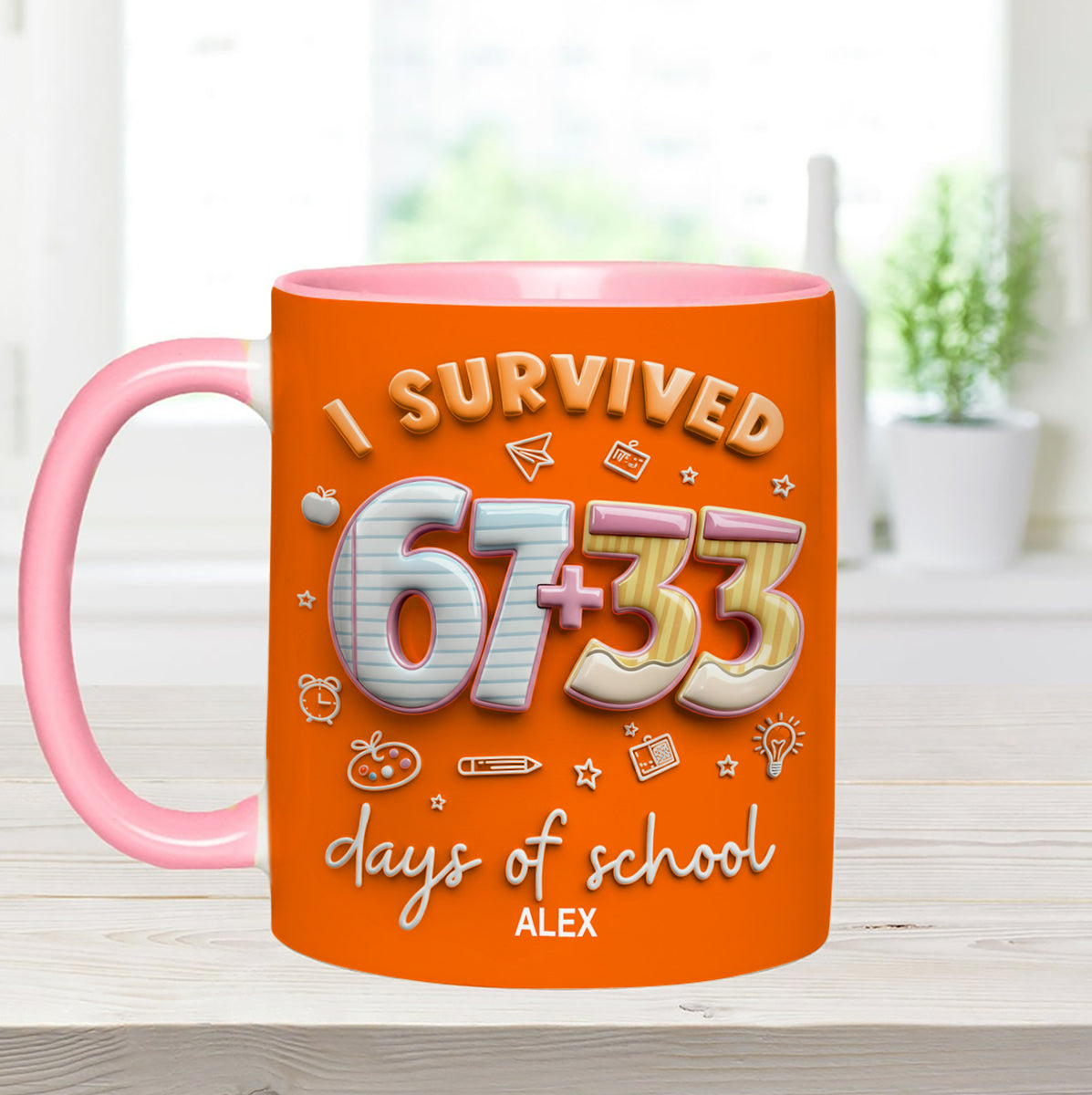 Ich habe 67 + 33 Schultage überlebt – personalisiertes Lehrer-Set mit Akzentbecher und Acryl-Rührstäbchen