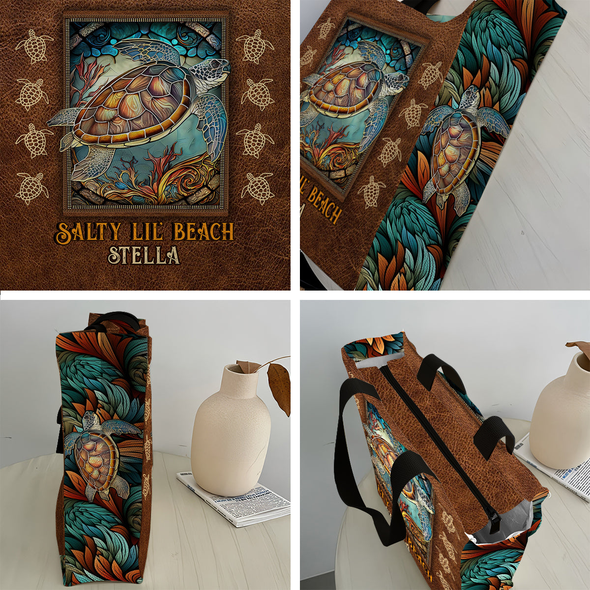 Salty Lil Beach – Personalisierte Tragetasche aus Canvas mit Schildkröten-Allover-Print
