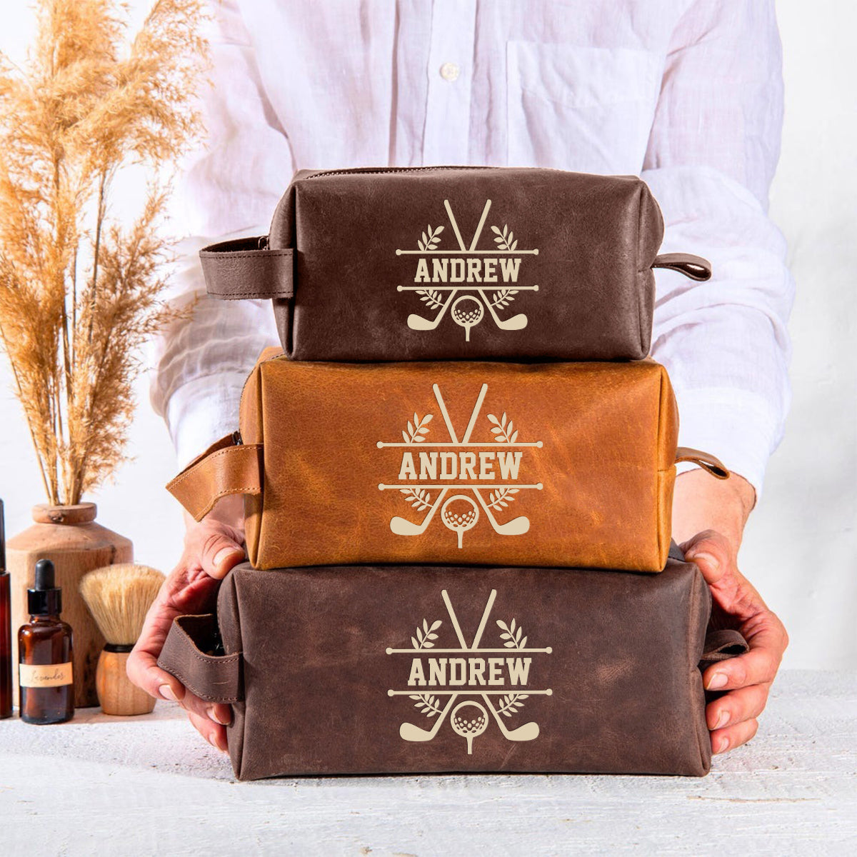 For The Man Who Plays Life Like Golf - Personalized Golf Leather Toiletry Bag