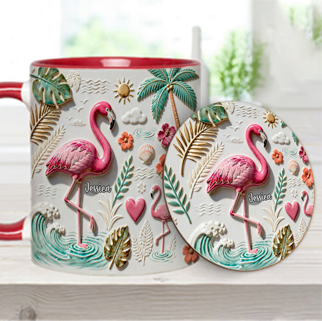 Flamingo-Liebe – Personalisierte Tasse und Untersetzer mit Flamingo-Motiv