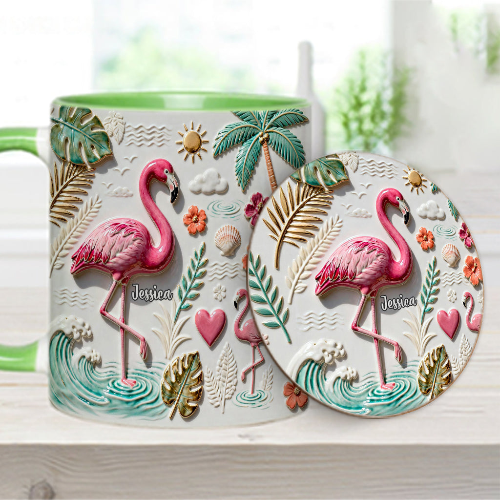 Flamingo-Liebe – Personalisierte Tasse und Untersetzer mit Flamingo-Motiv