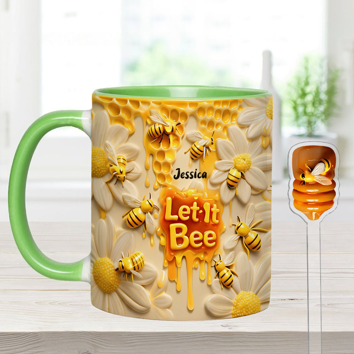 Let It Bee, Bee Flowers – Personalisierter Bienen-Akzentbecher mit Acryl-Rührstäbchen