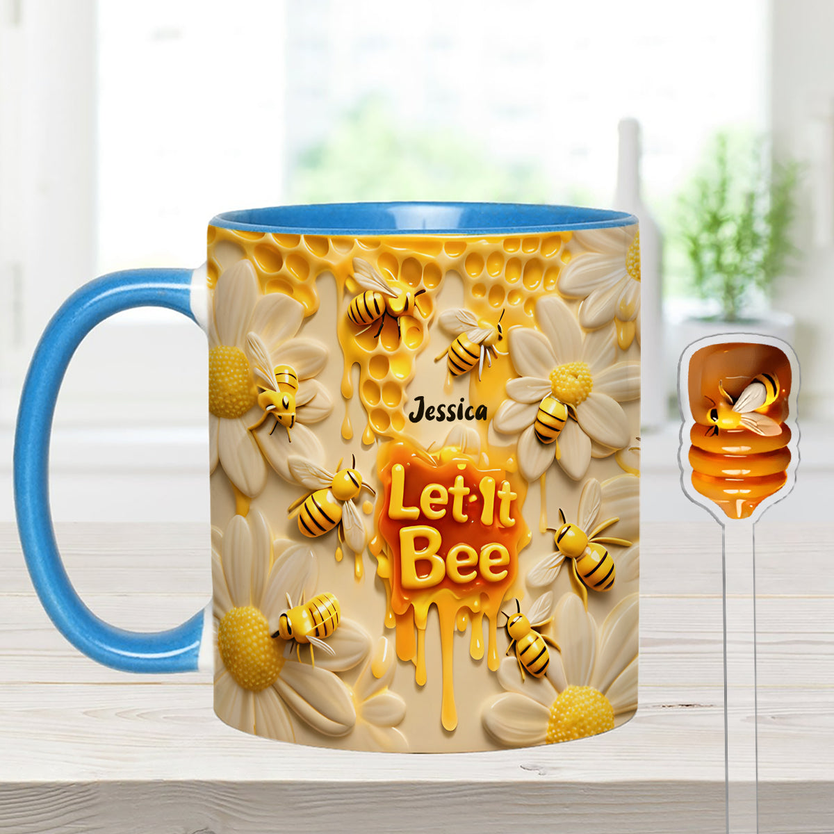 Let It Bee, Bee Flowers – Personalisierter Bienen-Akzentbecher mit Acryl-Rührstäbchen
