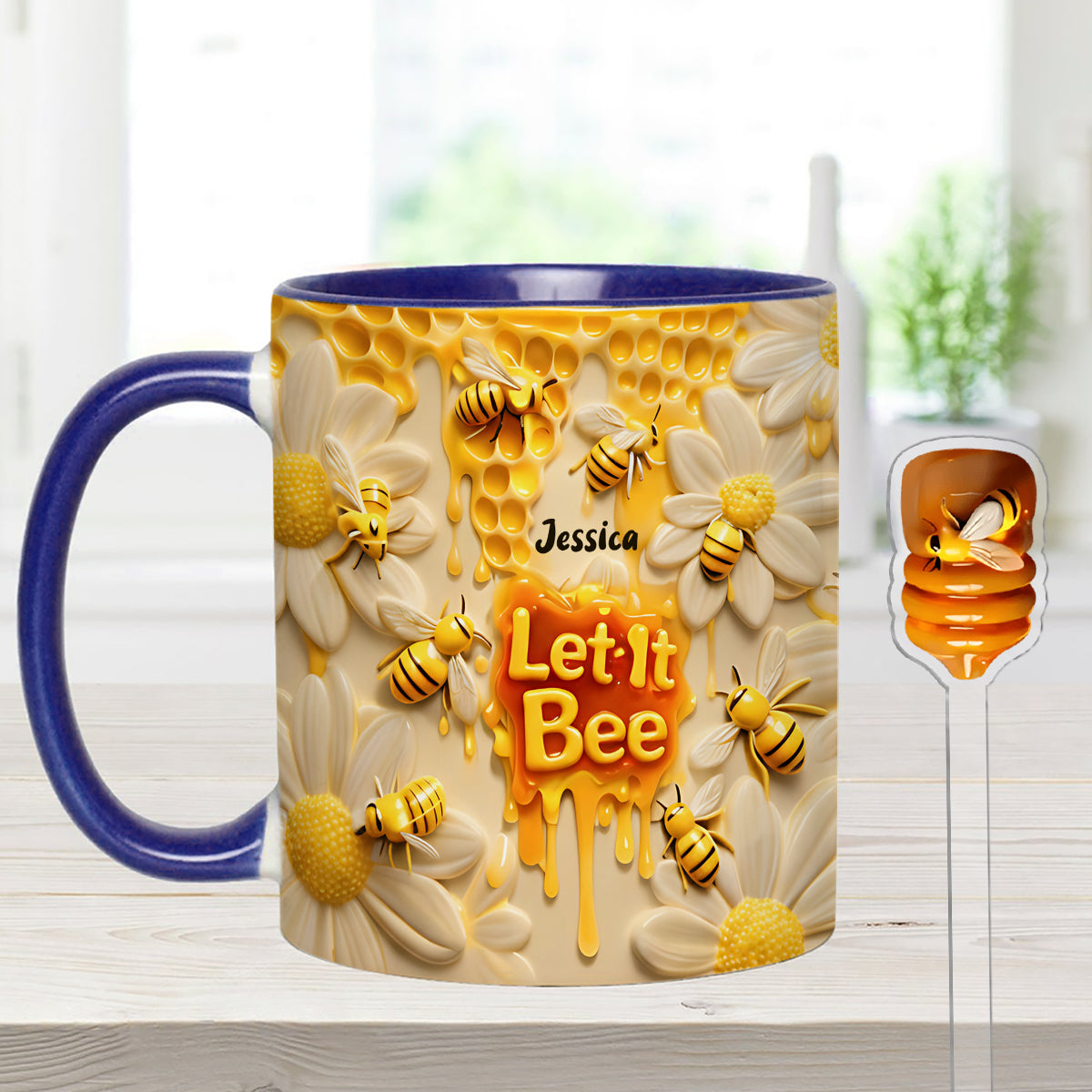 Let It Bee, Bee Flowers – Personalisierter Bienen-Akzentbecher mit Acryl-Rührstäbchen