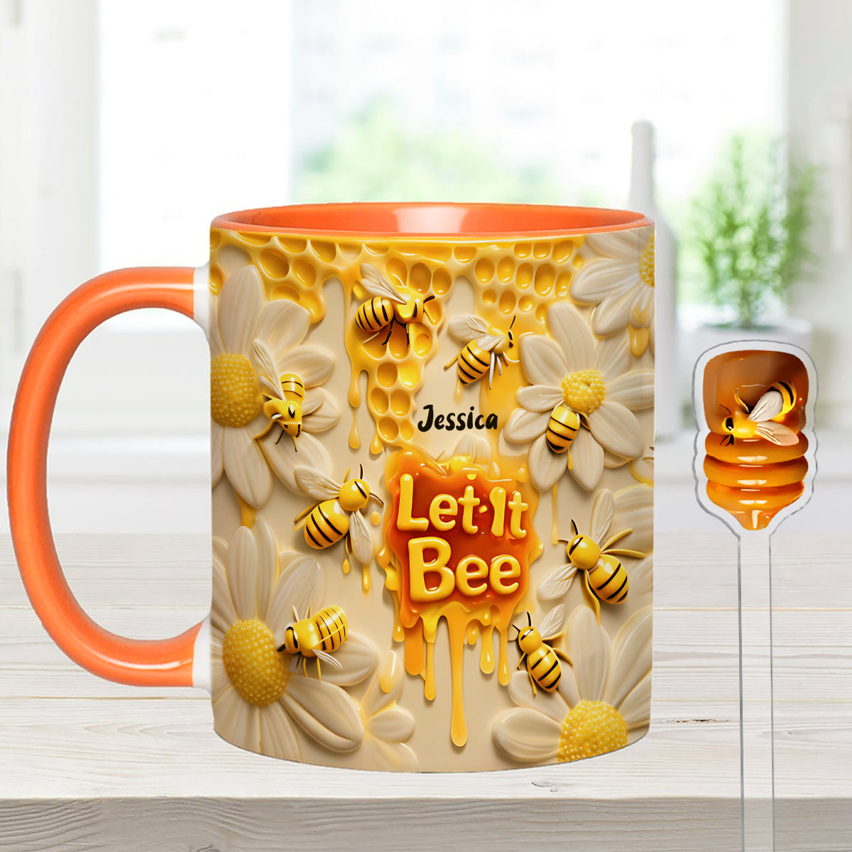 Let It Bee, Bee Flowers – Personalisierter Bienen-Akzentbecher mit Acryl-Rührstäbchen