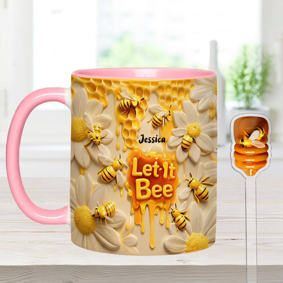 Let It Bee, Bee Flowers – Personalisierter Bienen-Akzentbecher mit Acryl-Rührstäbchen